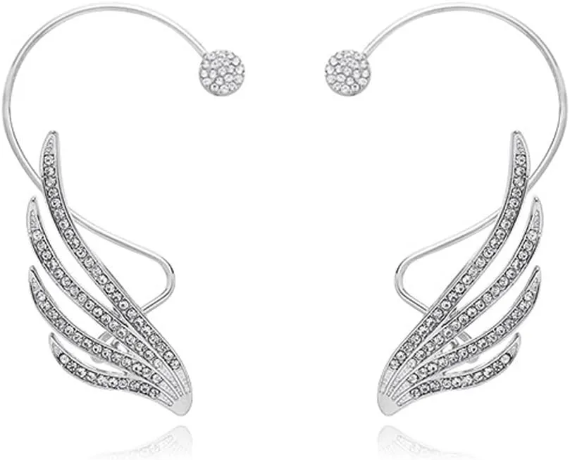 Angel Wing Ear Cuff Earrings for Women Non-piercing Aesthetic Dainty Rhinestone Pearl Flower Wrap Crawler Cartilage Ear Cuffs Climber Ear Bone Hook Clip Earrings Jewelry (Silver)