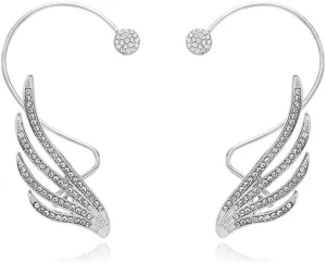 Angel Wing Ear Cuff Earrings for Women Non-piercing Aesthetic Dainty Rhinestone Pearl Flower Wrap Crawler Cartilage Ear Cuffs Climber Ear Bone Hook Clip Earrings Jewelry (Silver)