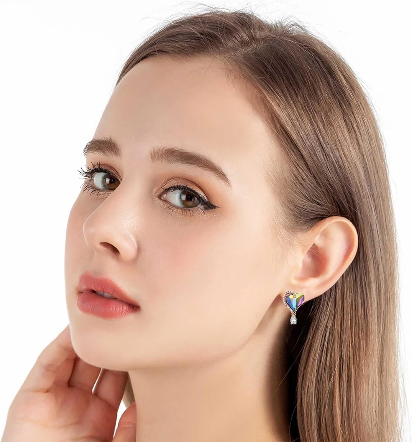 Austrian Crystal Heart Stud Earrings for Women Trendy Halo Drop Earrings 14K Gold Plated Hypoallergenic Jewelry
