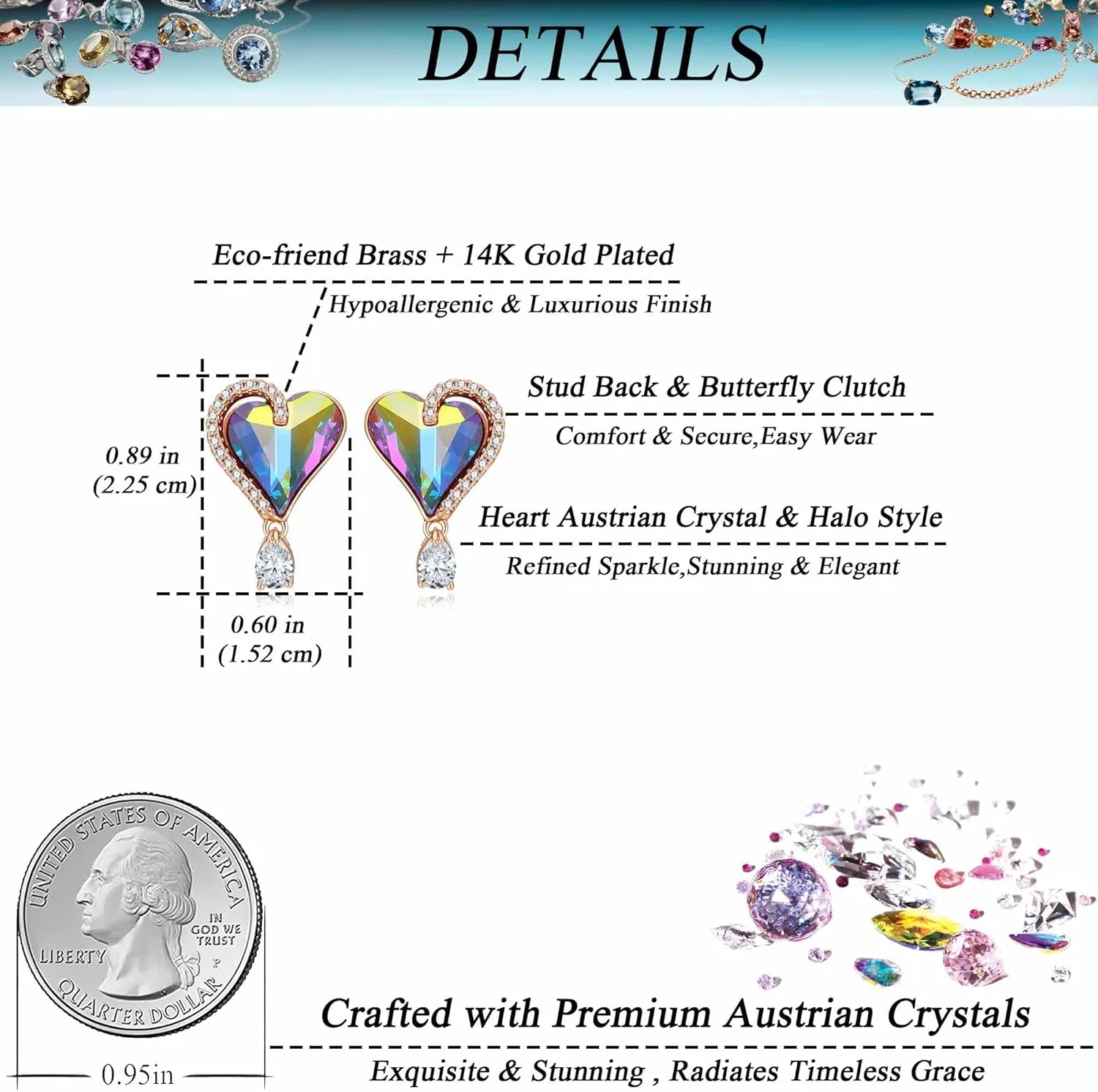 Austrian Crystal Heart Stud Earrings for Women Trendy Halo Drop Earrings 14K Gold Plated Hypoallergenic Jewelry