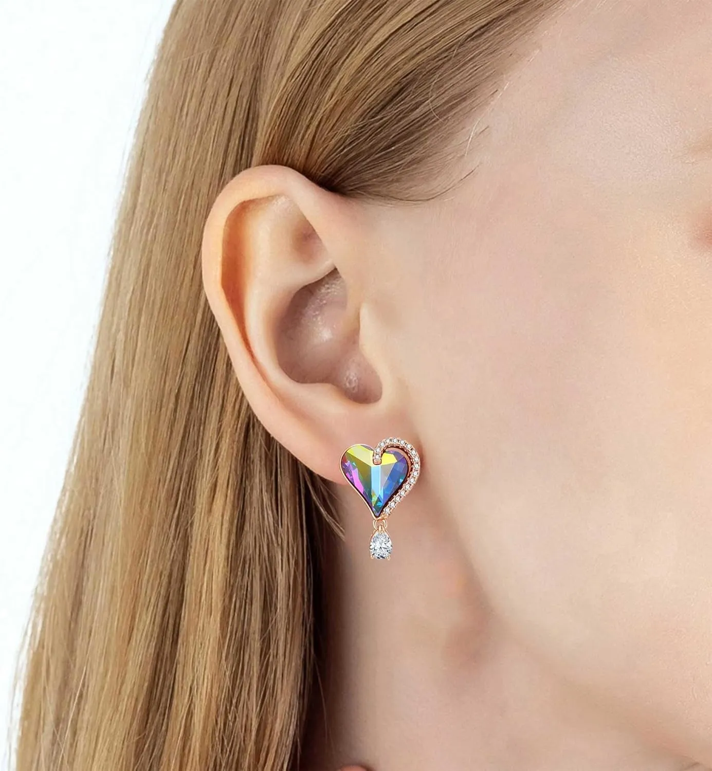 Austrian Crystal Heart Stud Earrings for Women Trendy Halo Drop Earrings 14K Gold Plated Hypoallergenic Jewelry