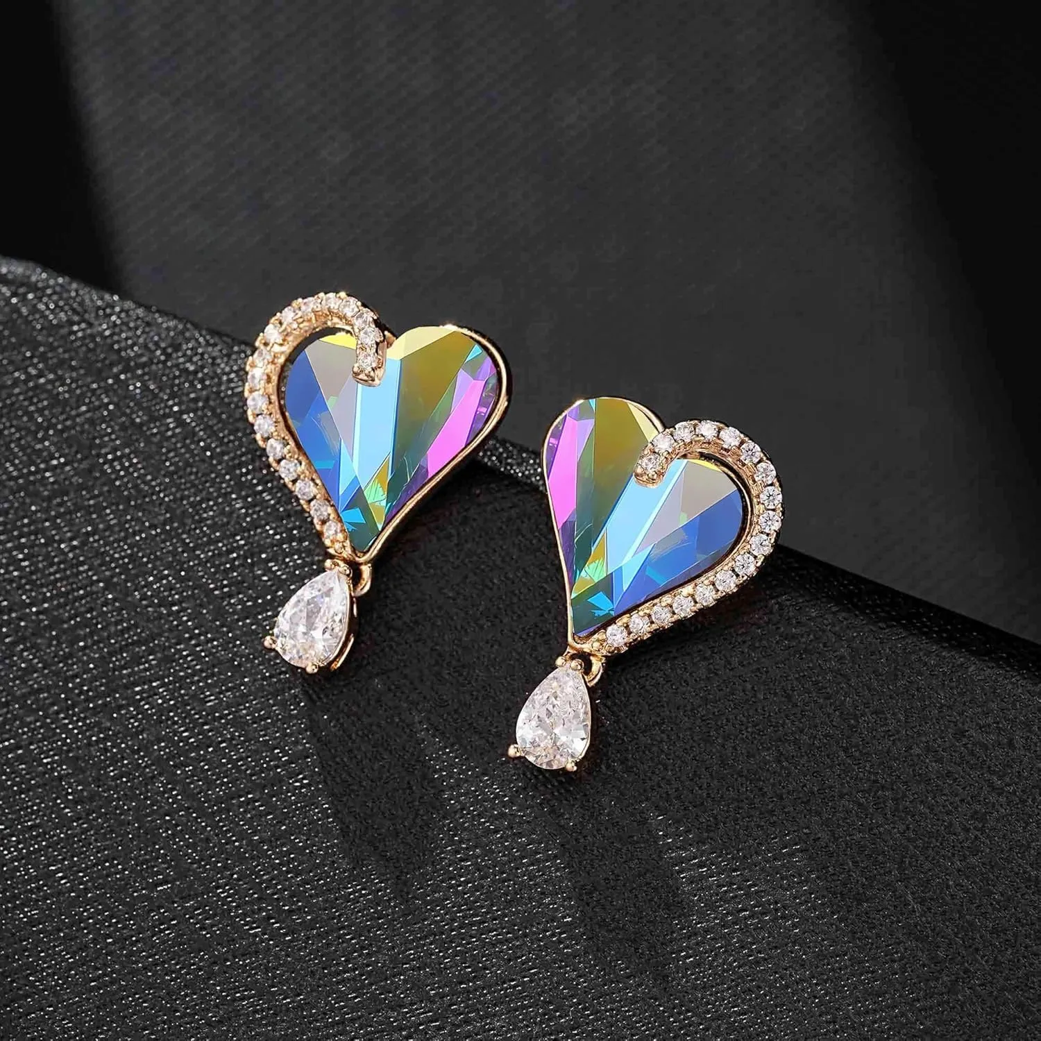 Austrian Crystal Heart Stud Earrings for Women Trendy Halo Drop Earrings 14K Gold Plated Hypoallergenic Jewelry