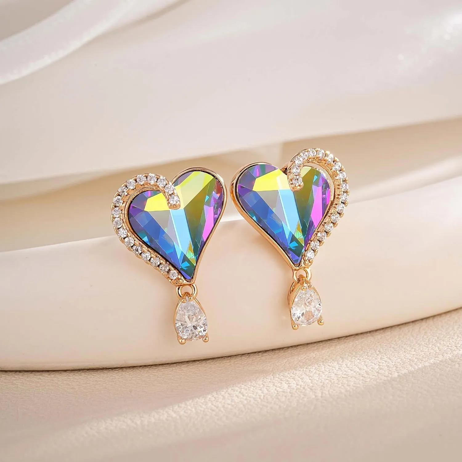 Austrian Crystal Heart Stud Earrings for Women Trendy Halo Drop Earrings 14K Gold Plated Hypoallergenic Jewelry