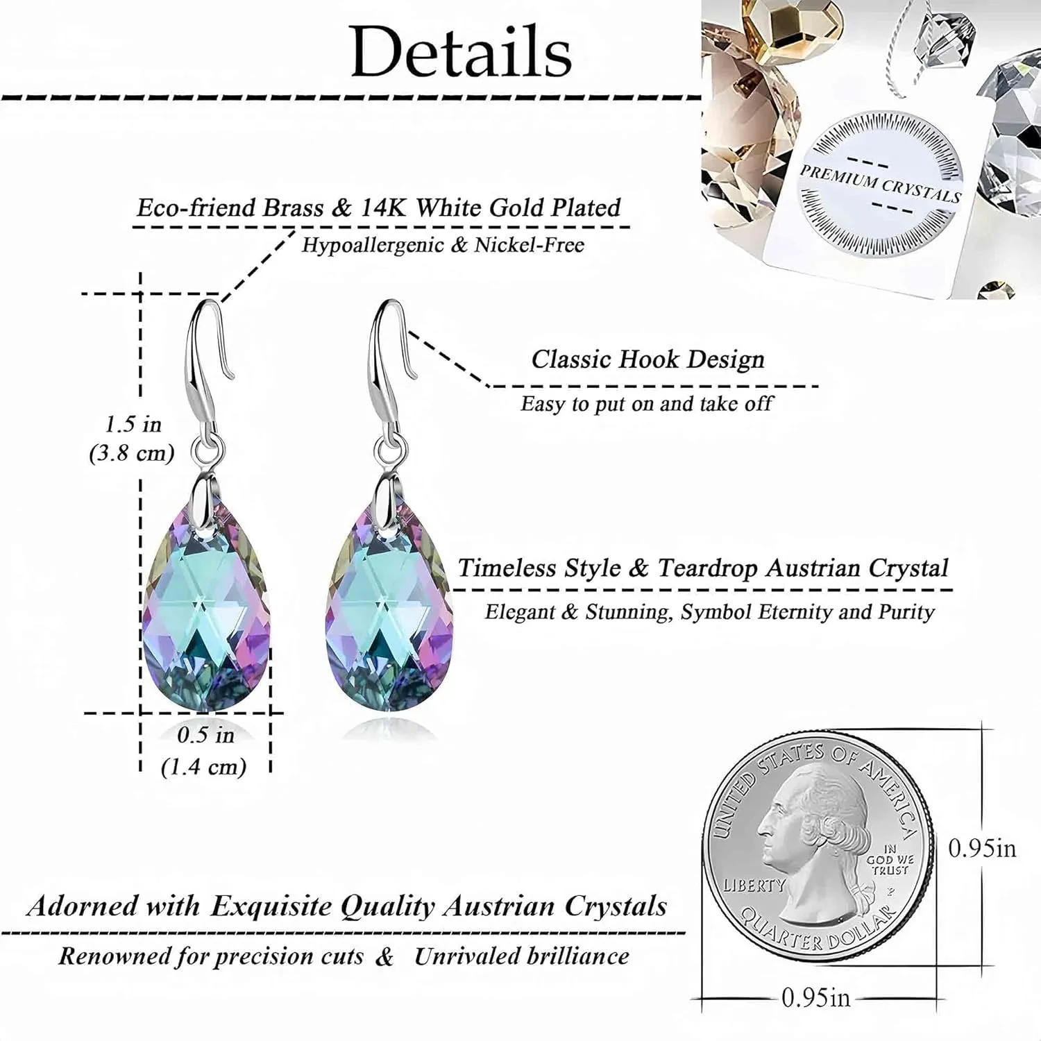 Austrian Crystal Teardrop Dangle Hook Earrings for Women 14K Gold Plated Hypoallergenic Jewelry