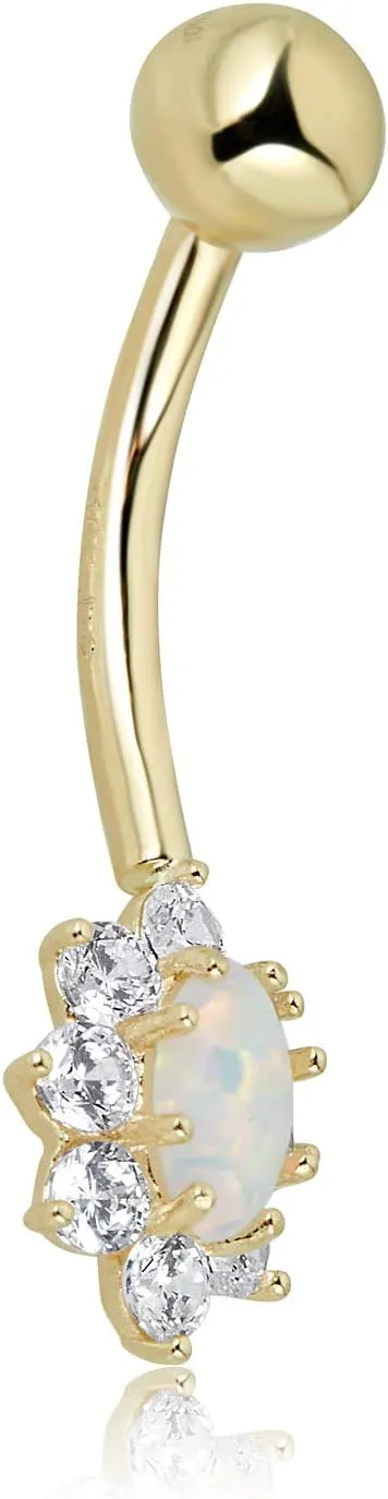 AVORA 10K Gold Oval-shaped Simulated Opal and Simulated Diamond CZ Belly Button Ring Body Jewelry (14 Gauge)