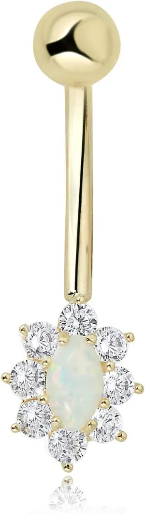 AVORA 10K Gold Oval-shaped Simulated Opal and Simulated Diamond CZ Belly Button Ring Body Jewelry (14 Gauge)