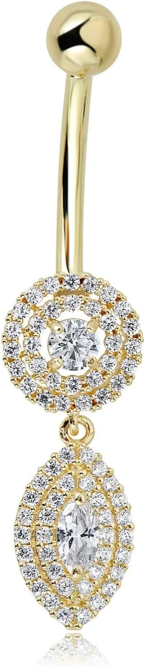 AVORA 10K Gold Simulated Diamond CZ Marquise and Round Dangling Belly Button Ring Body Jewelry (14 Gauge)