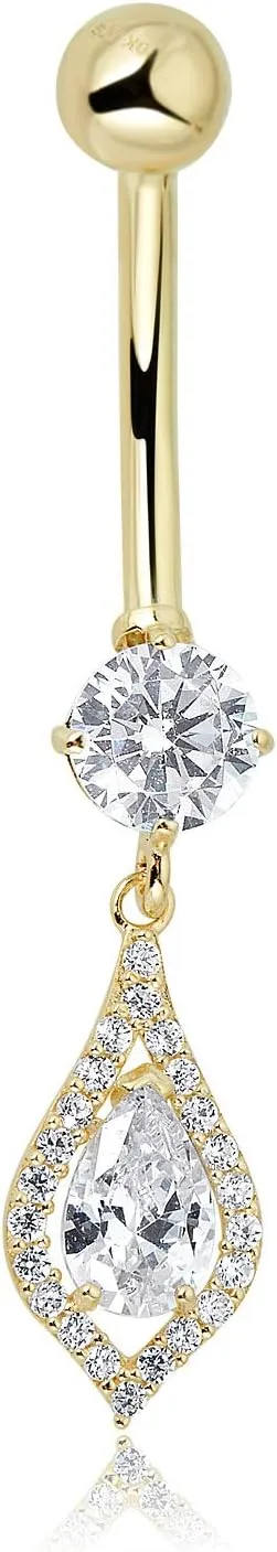 AVORA 10K Gold Simulated Diamond CZ Teardrop Dangle Belly Button Ring Body Jewelry (14 Gauge)