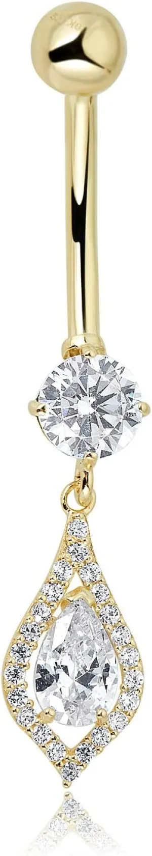 AVORA 10K Gold Simulated Diamond CZ Teardrop Dangle Belly Button Ring Body Jewelry (14 Gauge)