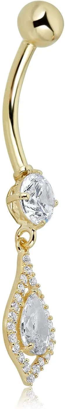 AVORA 10K Gold Simulated Diamond CZ Teardrop Dangle Belly Button Ring Body Jewelry (14 Gauge)