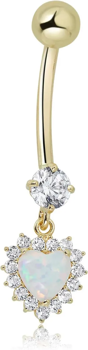 AVORA 10K Gold Simulated Opal Heart Halo with Simulated Diamond CZ Dangle Belly Button Ring Body Jewelry (14 Gauge)