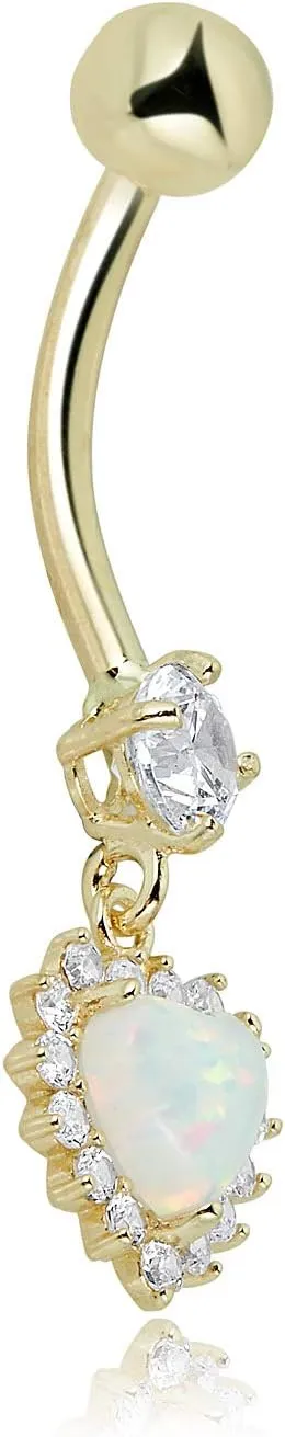 AVORA 10K Gold Simulated Opal Heart Halo with Simulated Diamond CZ Dangle Belly Button Ring Body Jewelry (14 Gauge)
