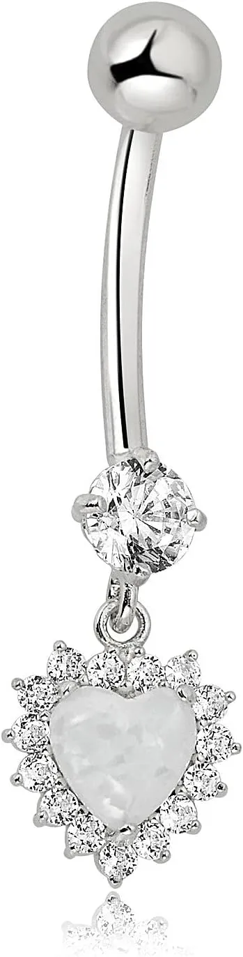 AVORA 10K Gold Simulated Opal Heart Halo with Simulated Diamond CZ Dangle Belly Button Ring Body Jewelry (14 Gauge)