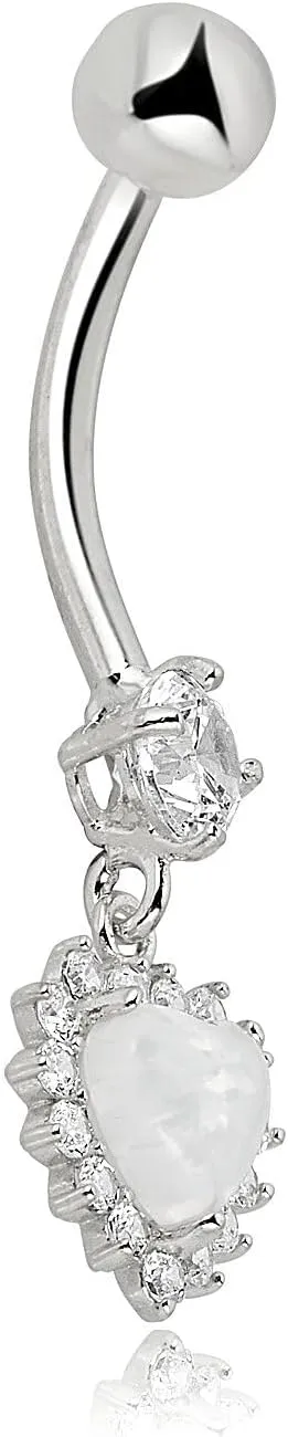 AVORA 10K Gold Simulated Opal Heart Halo with Simulated Diamond CZ Dangle Belly Button Ring Body Jewelry (14 Gauge)