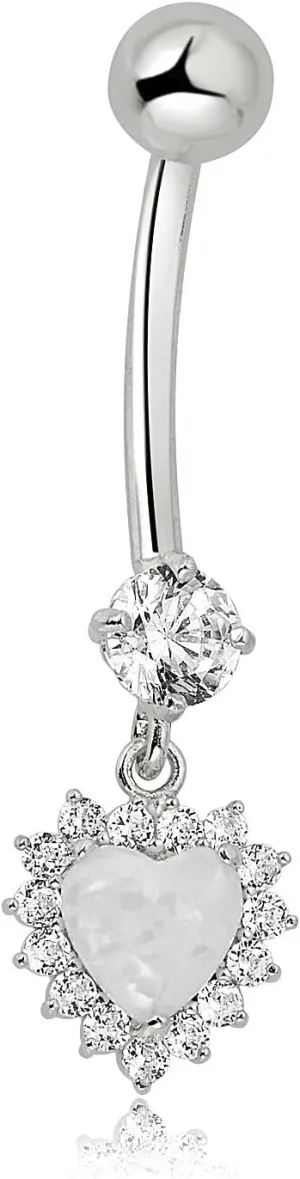 AVORA 10K Gold Simulated Opal Heart Halo with Simulated Diamond CZ Dangle Belly Button Ring Body Jewelry (14 Gauge)