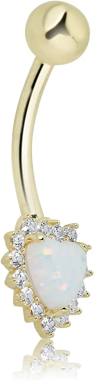 AVORA 10K Gold Simulated Opal Heart Halo with Simulated Diamond CZ Halo Dangle Belly Button Ring Body Jewelry (14 Gauge)