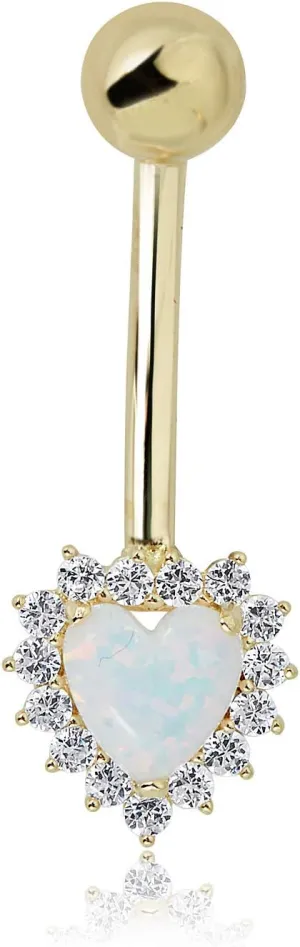 AVORA 10K Gold Simulated Opal Heart Halo with Simulated Diamond CZ Halo Dangle Belly Button Ring Body Jewelry (14 Gauge)