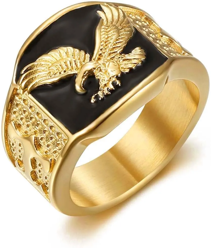 Aztec Vintage Carved Eagel Stainless Steel 14K Gold Plated Signet Chunky Ring for Men,American Bird Ring Graduation Class Fashion Patriotic Biker Cool Motorcycle Jewelry