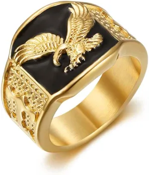Aztec Vintage Carved Eagel Stainless Steel 14K Gold Plated Signet Chunky Ring for Men,American Bird Ring Graduation Class Fashion Patriotic Biker Cool Motorcycle Jewelry