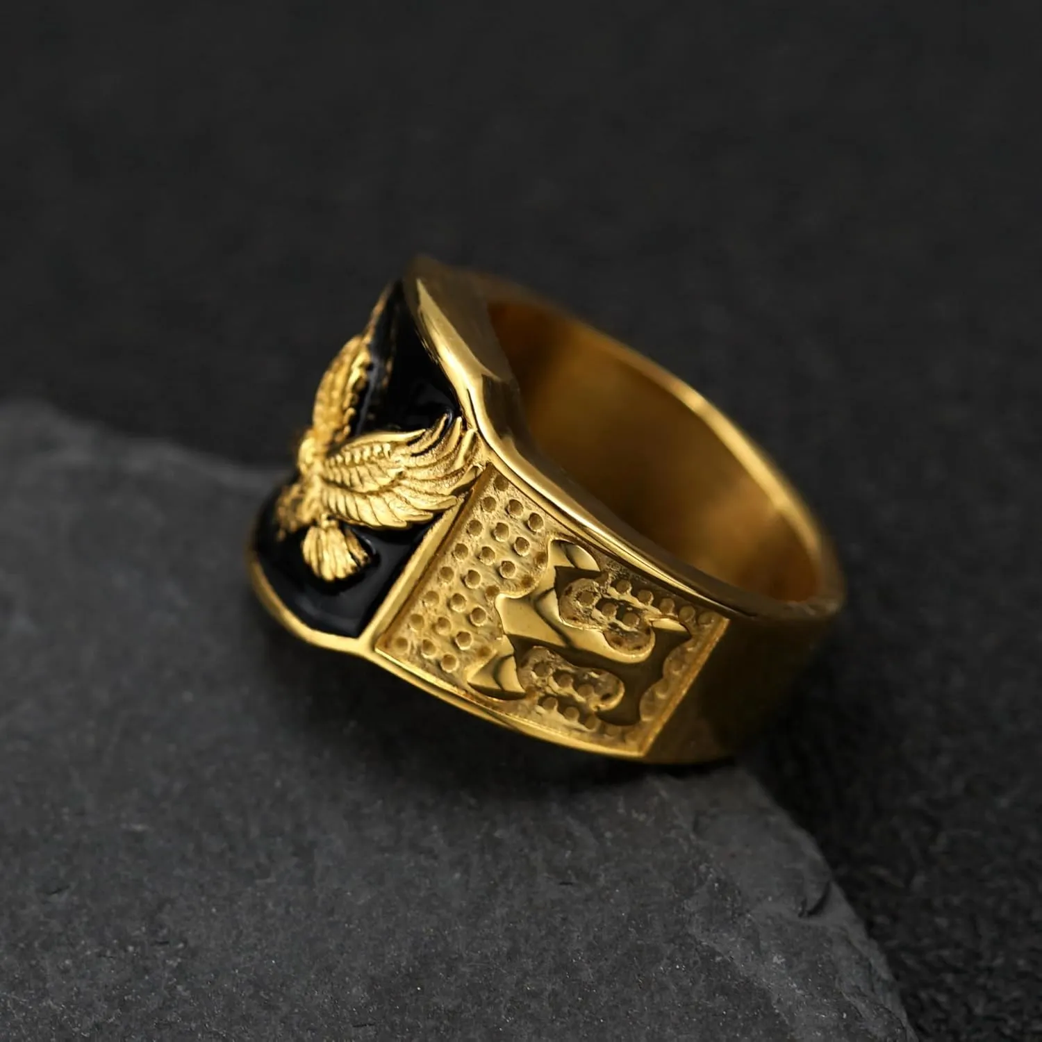 Aztec Vintage Carved Eagel Stainless Steel 14K Gold Plated Signet Chunky Ring for Men,American Bird Ring Graduation Class Fashion Patriotic Biker Cool Motorcycle Jewelry