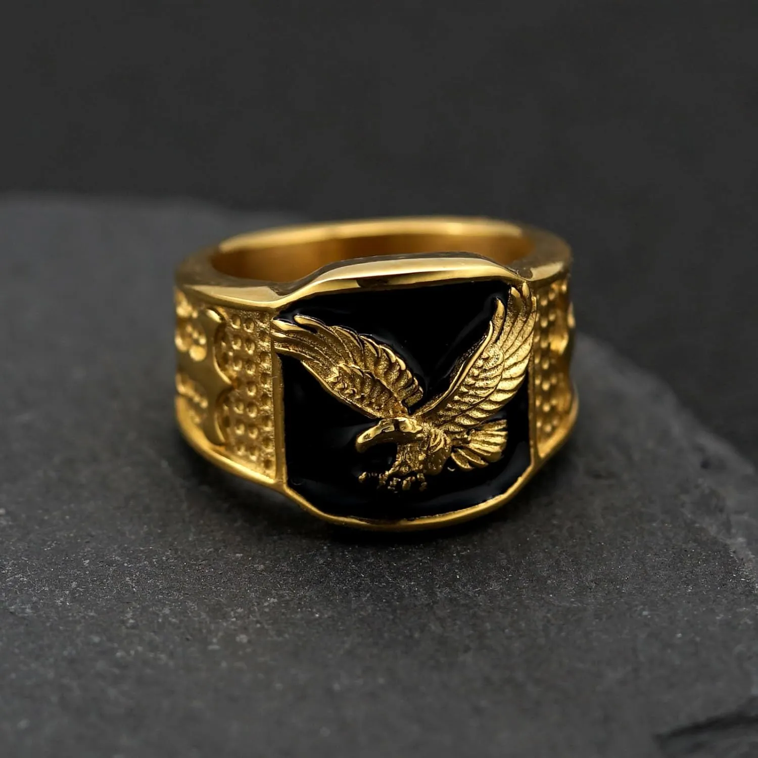 Aztec Vintage Carved Eagel Stainless Steel 14K Gold Plated Signet Chunky Ring for Men,American Bird Ring Graduation Class Ring,Fashion Patriotic Biker Cool Motorcycle Jewelry