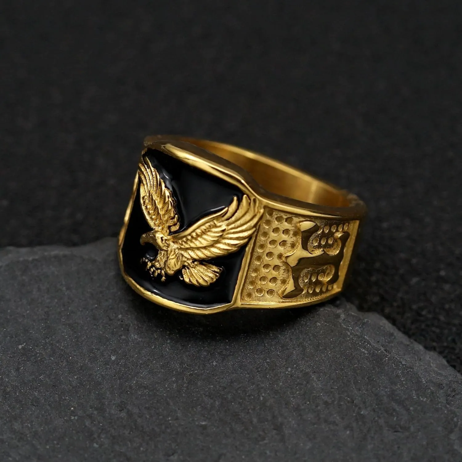 Aztec Vintage Carved Eagel Stainless Steel 14K Gold Plated Signet Chunky Ring for Men,American Bird Ring Graduation Class Ring,Fashion Patriotic Biker Cool Motorcycle Jewelry
