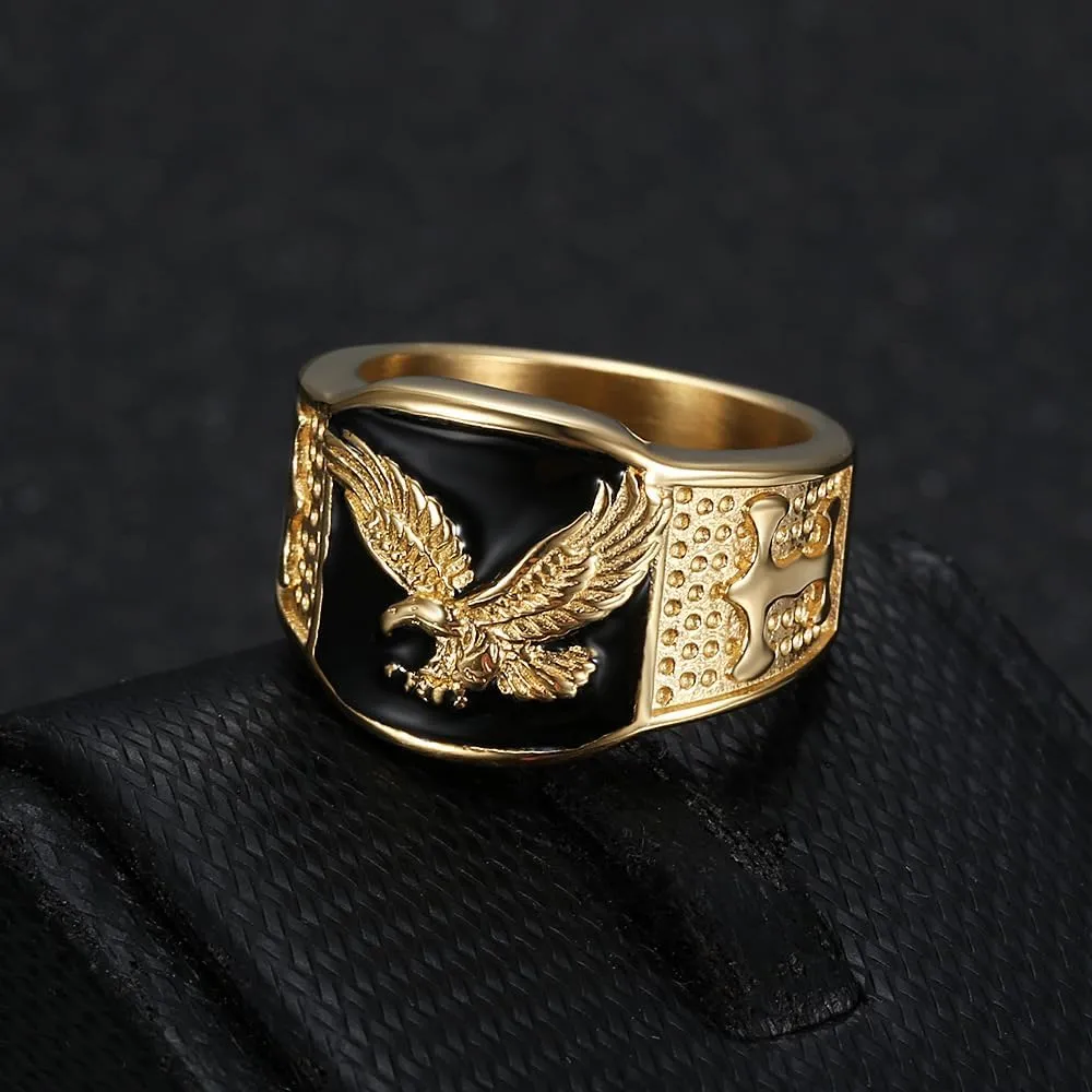 Aztec Vintage Carved Eagel Stainless Steel 14K Gold Plated Signet Chunky Ring for Men,American Bird Ring Graduation Class Ring,Fashion Patriotic Biker Cool Motorcycle Jewelry