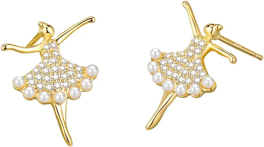 Ballet Dancing Girl Small Stud Earrings Cubic Zirconia Crystal Created Simulated Pearl Ballerina Dancer Piercing Hypoallergenic Studs Earrings Dainty Jewelry for Women Girls Dance Lover Gifts