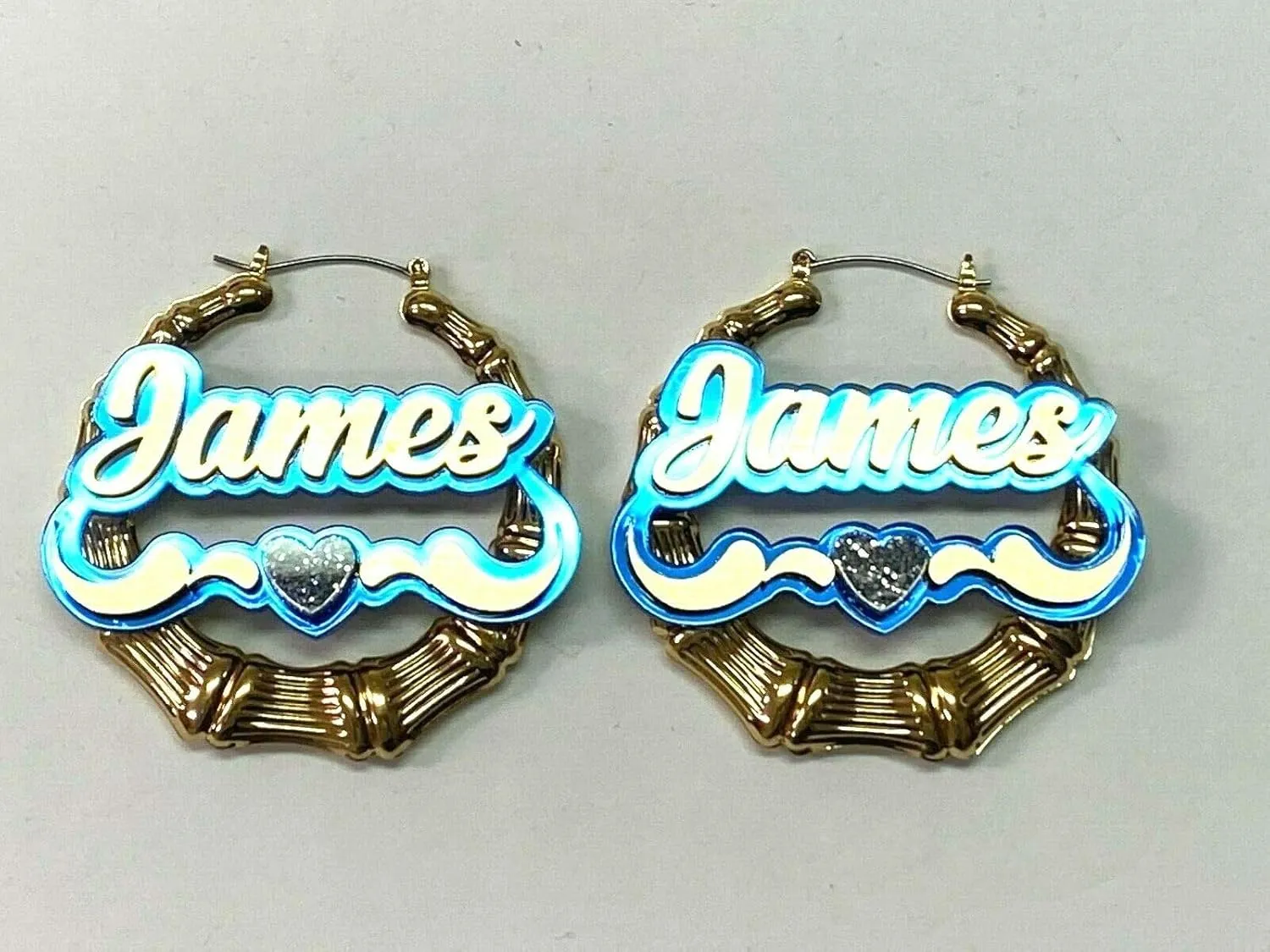 Bamboo Earrings Hoop Name Plate Personalized Custom Gold 1.5, 2.5, 3.5" Small Medium Large Size, Color Choice Laser Cut Made To Order - Any Name Gold Script Cursive Letters Stunning, Quality, Attractive