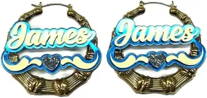 Bamboo Earrings Hoop Name Plate Personalized Custom Gold 1.5, 2.5, 3.5" Small Medium Large Size, Color Choice Laser Cut Made To Order - Any Name Gold Script Cursive Letters Stunning, Quality, Attractive