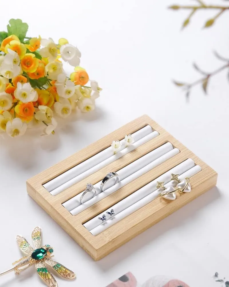 Bamboo Wood Ring Display Holder Showcase Earrings Organizer Tray Idea Gift for Girls Women, Rectangle Jewelry Storage Stand with White PU Leather, 5.8" x 4" x 0.8", 3 Slots.