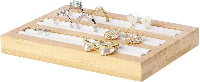 Bamboo Wood Ring Display Holder Showcase Earrings Organizer Tray Idea Gift for Girls Women, Rectangle Jewelry Storage Stand with White PU Leather, 5.8" x 4" x 0.8", 3 Slots.
