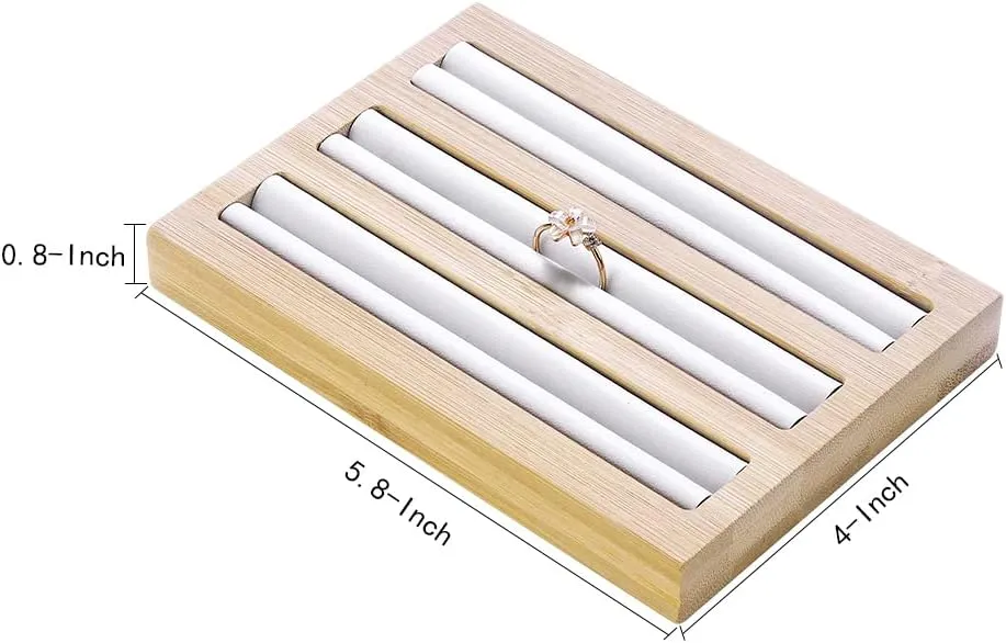 Bamboo Wood Ring Display Holder Showcase Earrings Organizer Tray Idea Gift for Girls Women, Rectangle Jewelry Storage Stand with White PU Leather, 5.8" x 4" x 0.8", 3 Slots.