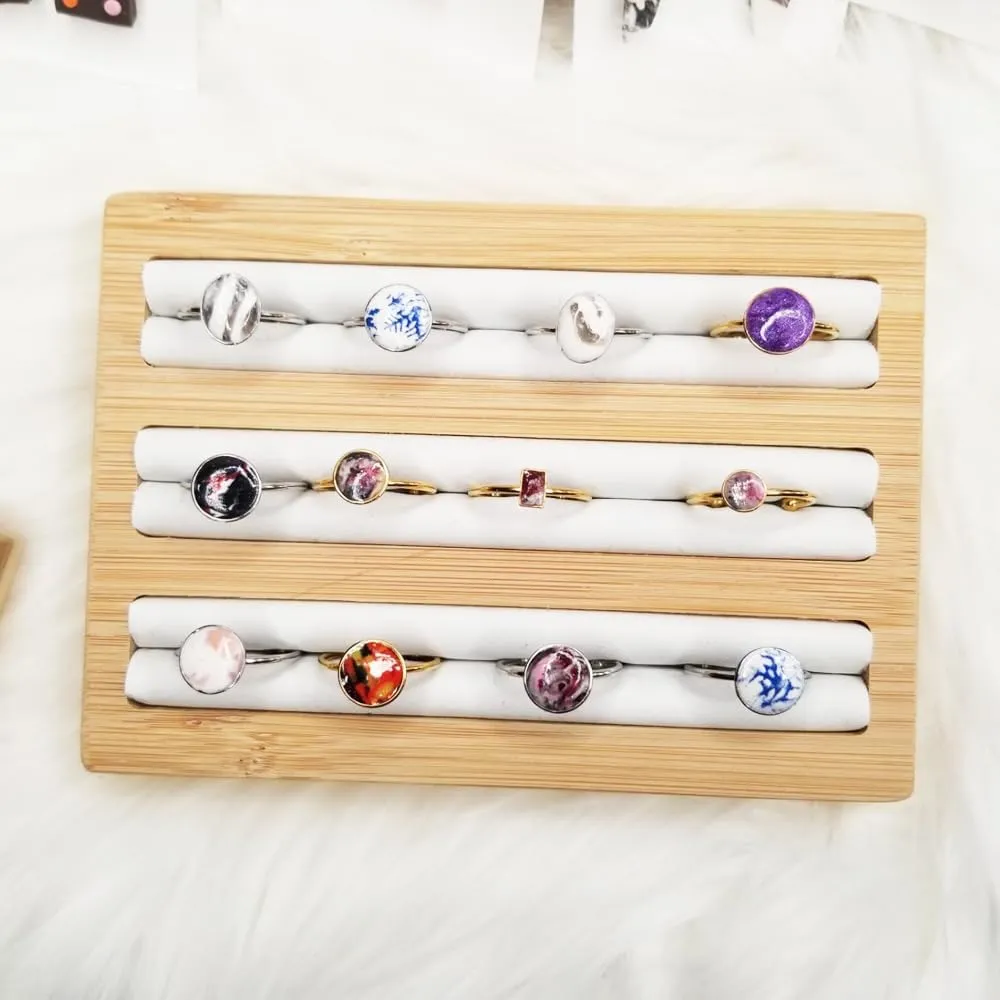 Bamboo Wood Ring Display Holder Showcase Earrings Organizer Tray Idea Gift for Girls Women, Rectangle Jewelry Storage Stand with White PU Leather, 5.8" x 4" x 0.8", 3 Slots.