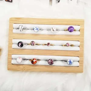 Bamboo Wood Ring Display Holder Showcase Earrings Organizer Tray Idea Gift for Girls Women, Rectangle Jewelry Storage Stand with White PU Leather, 5.8" x 4" x 0.8", 3 Slots.