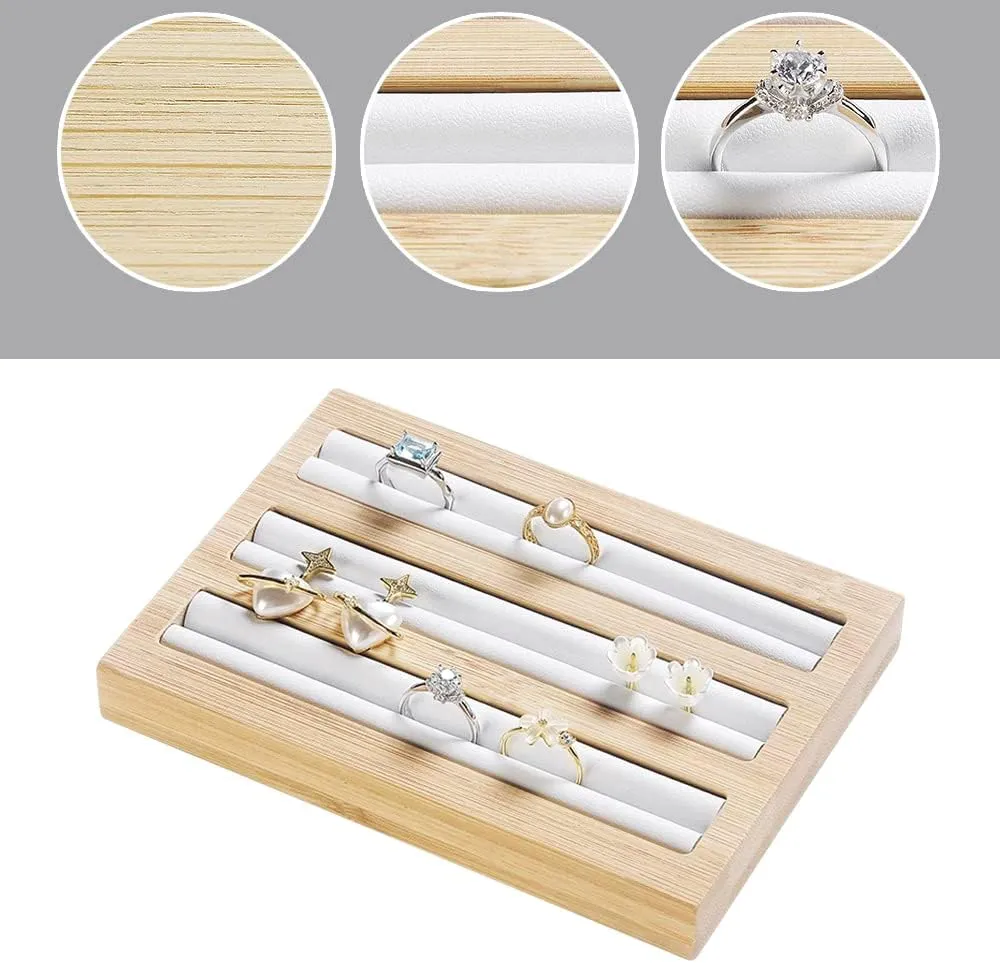 Bamboo Wood Ring Display Holder Showcase Earrings Organizer Tray Idea Gift for Girls Women, Rectangle Jewelry Storage Stand with White PU Leather, 5.8" x 4" x 0.8", 3 Slots.