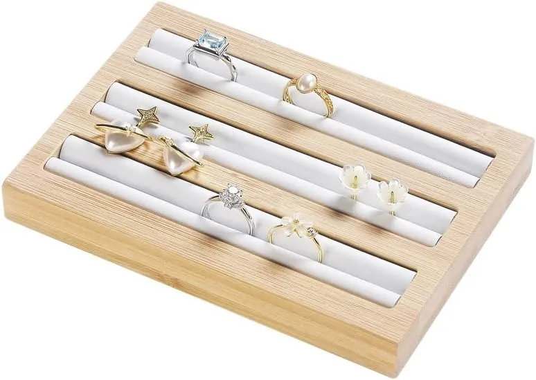 Bamboo Wood Ring Display Holder Showcase Earrings Organizer Tray Idea Gift for Girls Women, Rectangle Jewelry Storage Stand with White PU Leather, 5.8" x 4" x 0.8", 3 Slots.
