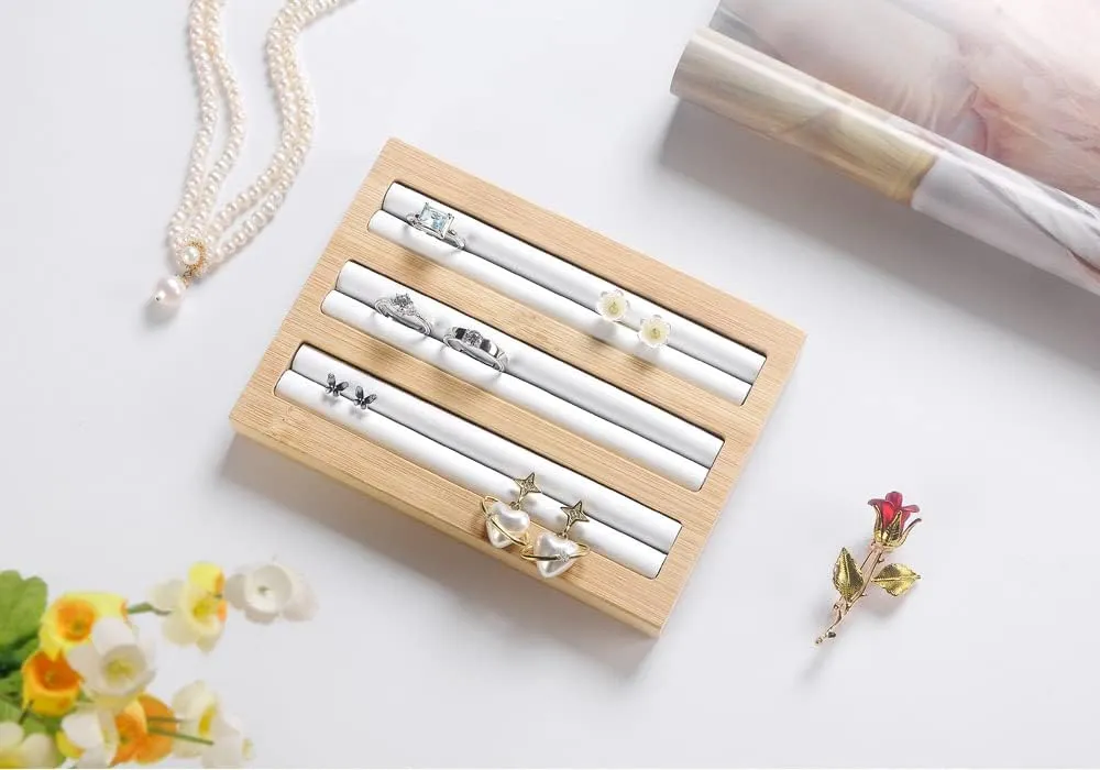 Bamboo Wood Ring Display Holder Showcase Earrings Organizer Tray Idea Gift for Girls Women, Rectangle Jewelry Storage Stand with White PU Leather, 5.8" x 4" x 0.8", 3 Slots.