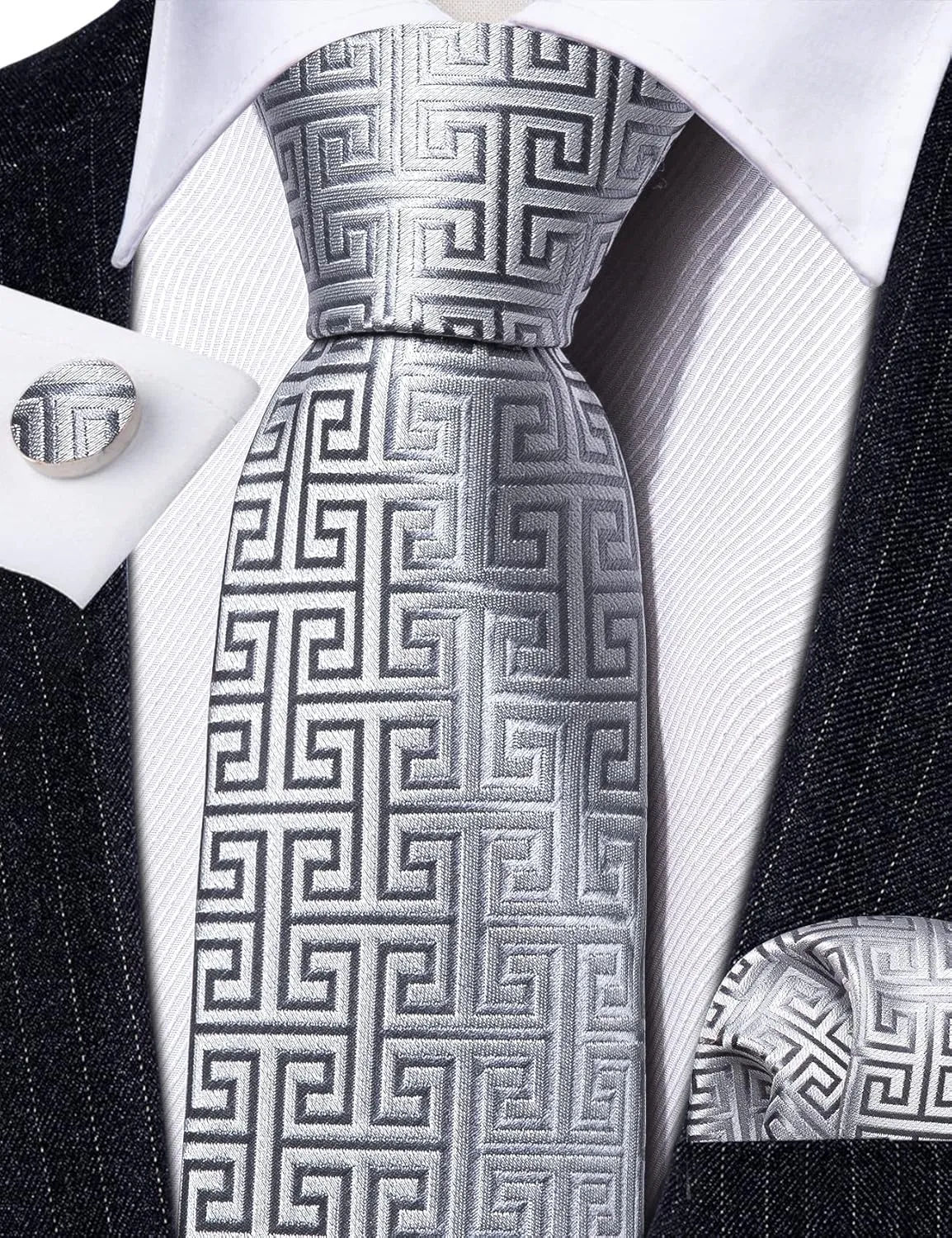 Barry.Wang Classic Mens Ties Silk Necktie Pocket Square Cufflinks Set Woven Designer Wedding Business