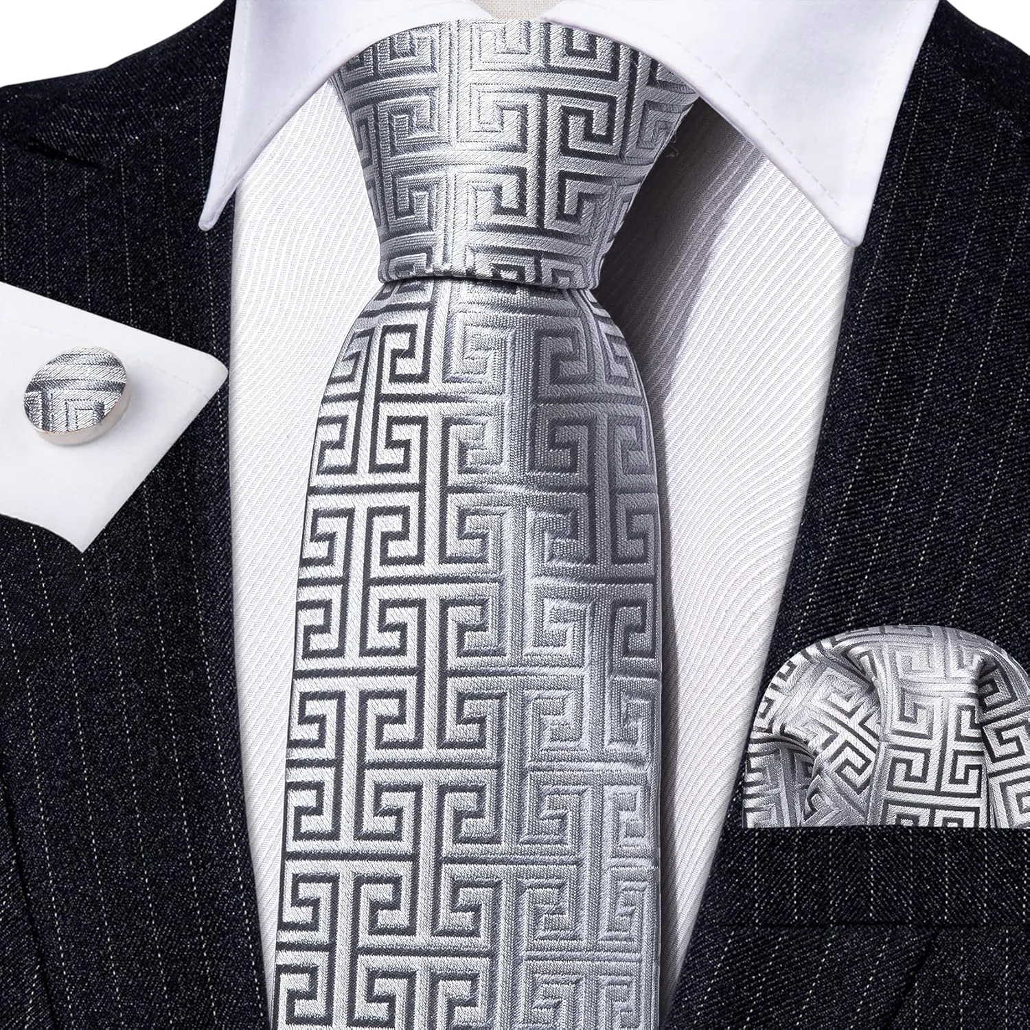 Barry.Wang Classic Mens Ties Silk Necktie Pocket Square Cufflinks Set Woven Designer Wedding Business