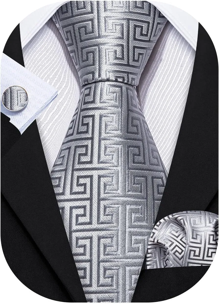 Barry.Wang Classic Mens Ties Silk Necktie Pocket Square Cufflinks Set Woven Designer Wedding Business