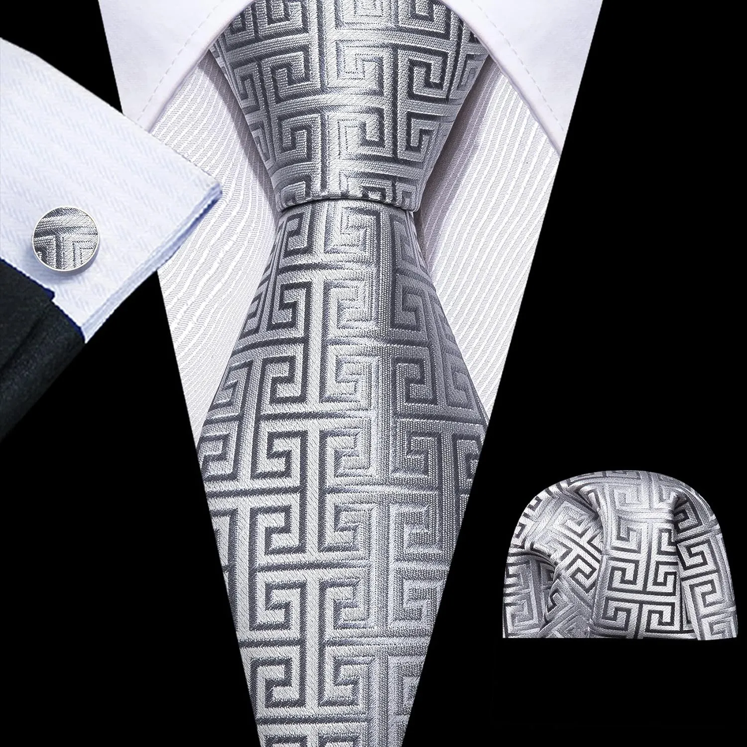 Barry.Wang Classic Mens Ties Silk Necktie Pocket Square Cufflinks Set Woven Designer Wedding Business