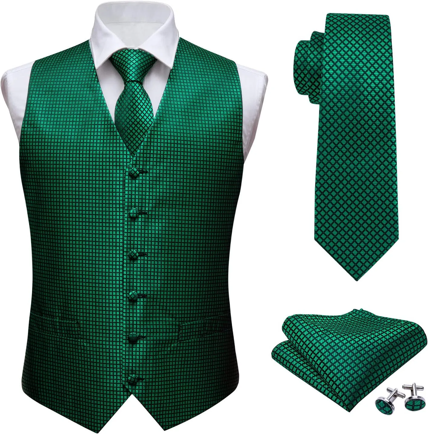 Barry.Wang Men's Paisley Suit Vest Tie Set with Handkerchief Cufflink Brooch Silk Woven Party Waistcoat Classic
