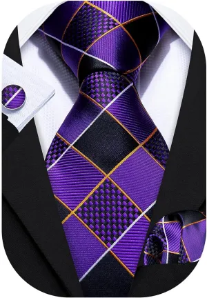 Barry.Wang Plaid Ties Check Mens Necktie Set with Handkerchief Cufflinks Classic Stripe