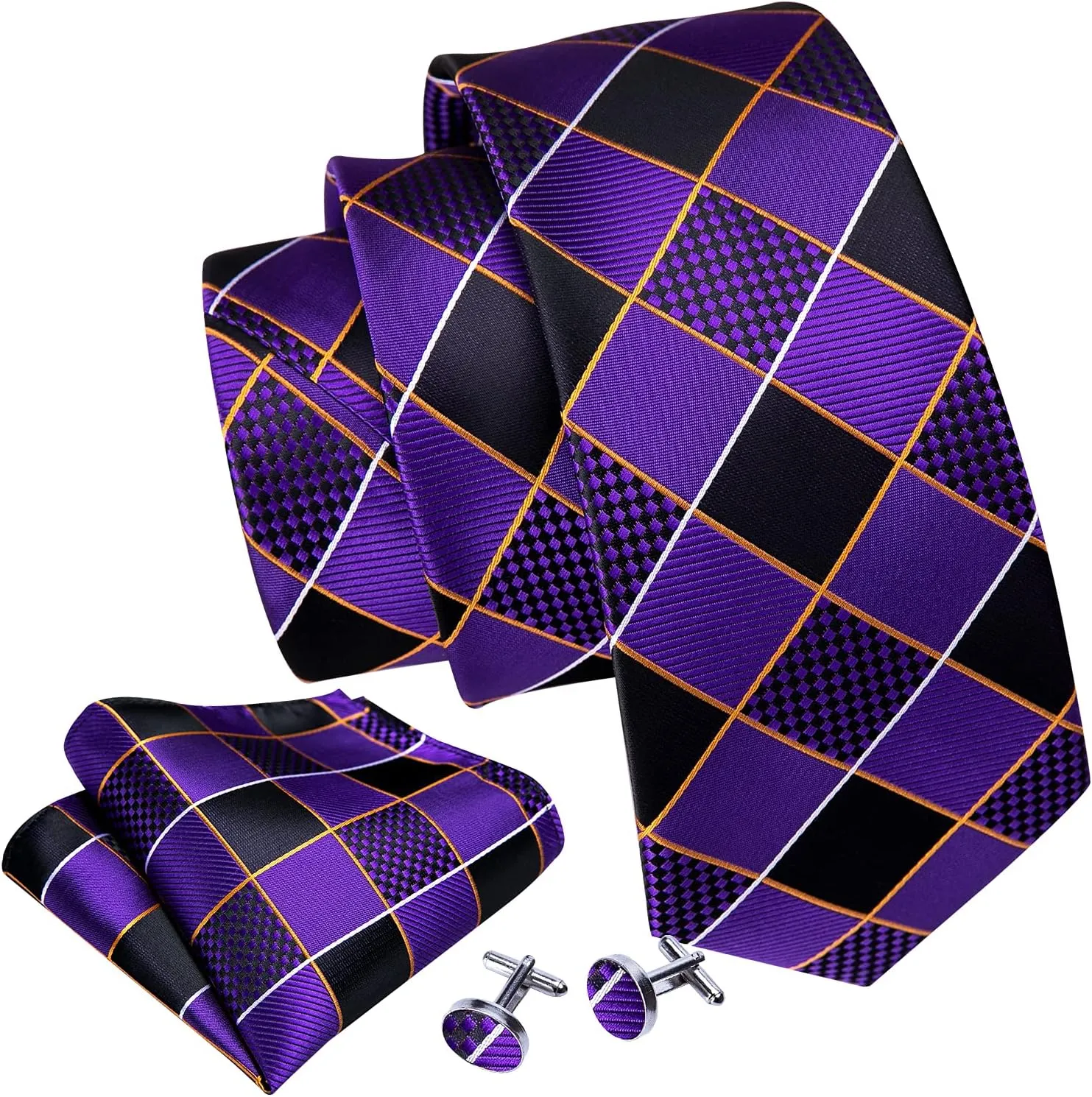 Barry.Wang Plaid Ties Check Mens Necktie Set with Handkerchief Cufflinks Classic Stripe