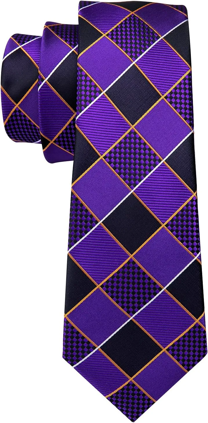 Barry.Wang Plaid Ties Check Mens Necktie Set with Handkerchief Cufflinks Classic Stripe