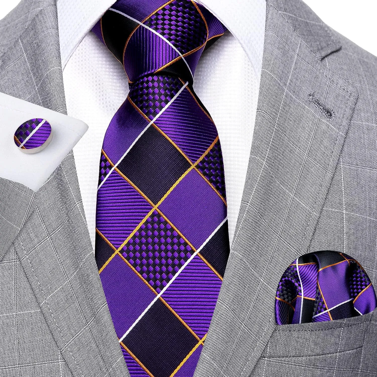 Barry.Wang Plaid Ties Check Mens Necktie Set with Handkerchief Cufflinks Classic Stripe