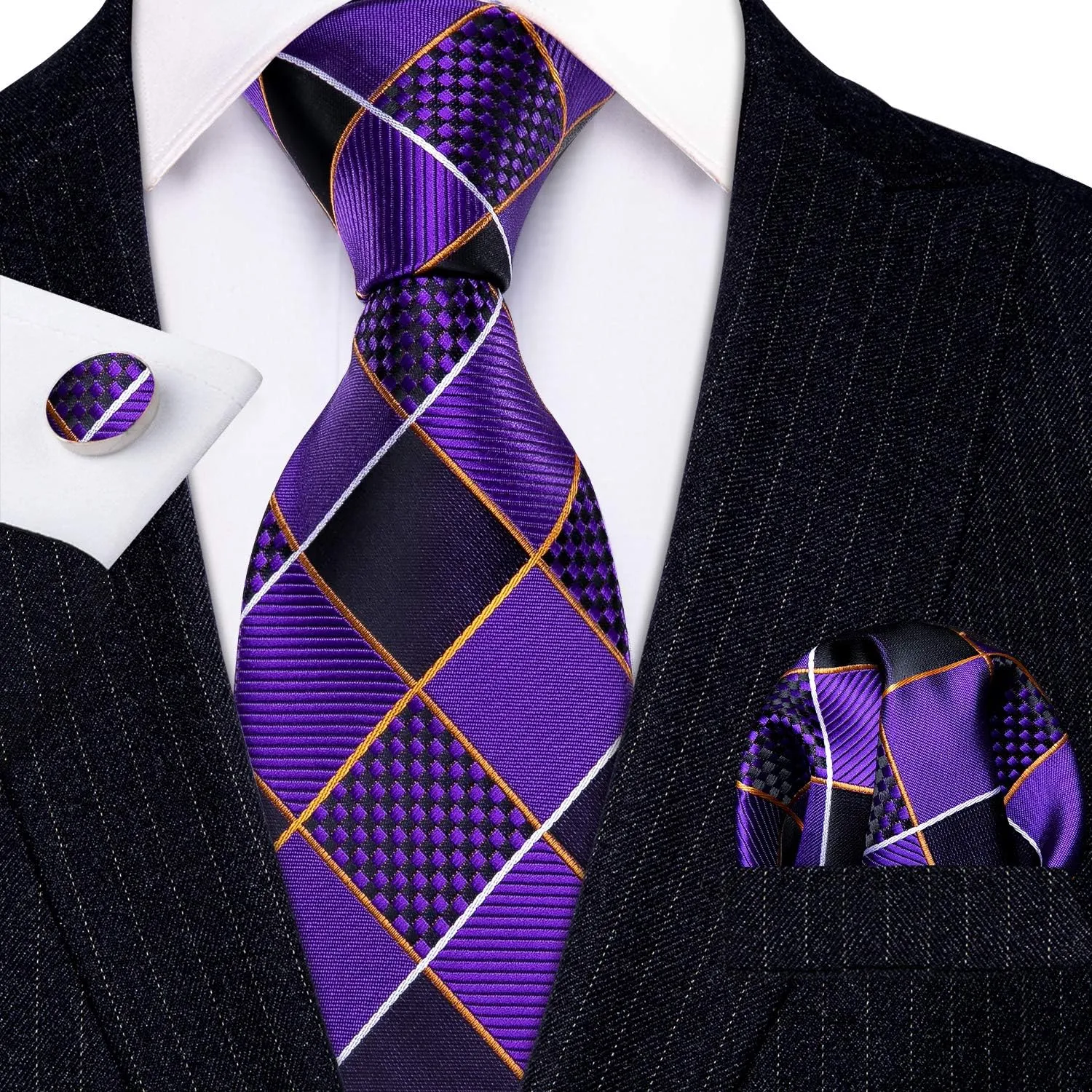 Barry.Wang Plaid Ties Check Mens Necktie Set with Handkerchief Cufflinks Classic Stripe