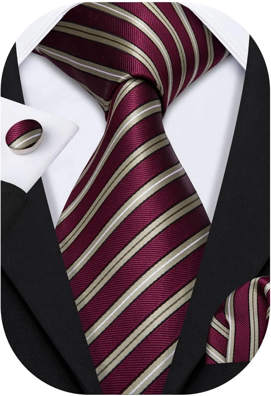 Barry.Wang Stripe Men Ties Set Classic WOVEN Necktie with Handkerchief Cufflinks Formal