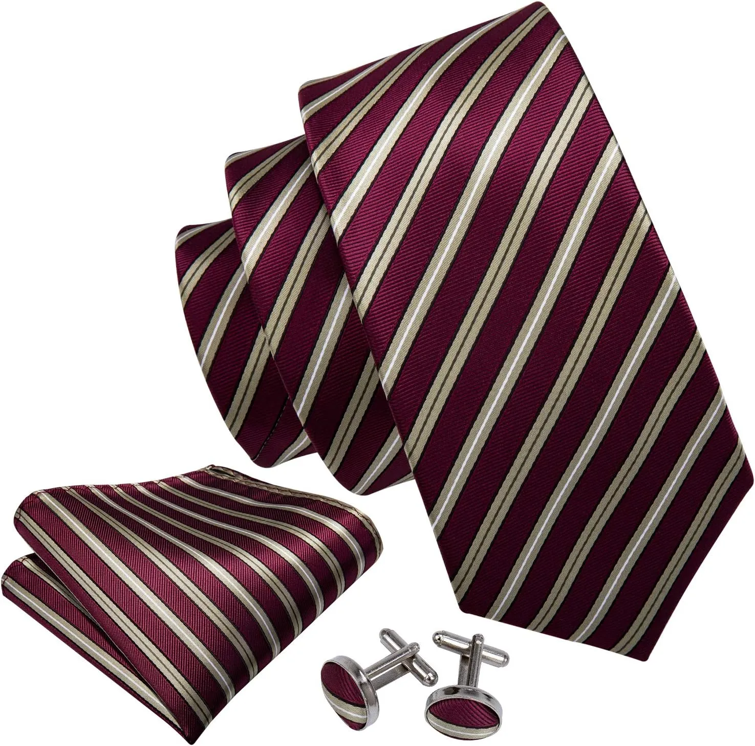 Barry.Wang Stripe Men Ties Set Classic WOVEN Necktie with Handkerchief Cufflinks Formal